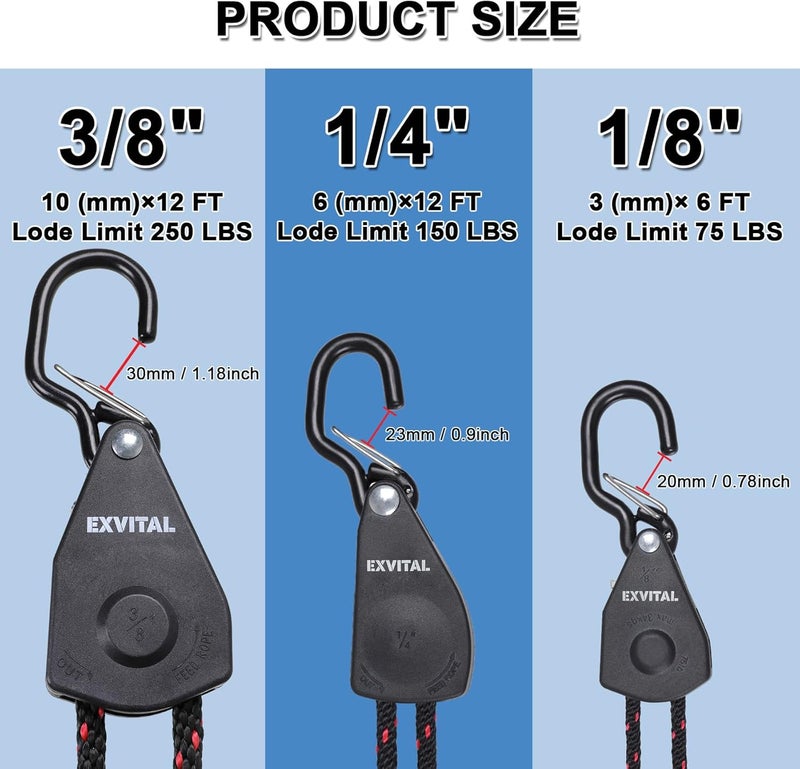 EXVITAL 4PCS Kayak Rope Tie Down Ratchet Straps 1/4" ×12' Bow and Stern Tie Down Kayak with Safety S Hook Heavy Duty Ratchet Rope Kayak and Canoe Accessories Black - Image 4
